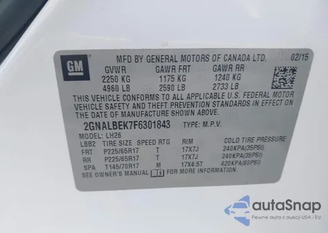 2015 Chevrolet Equinox 1Lt из США, поврежденный, VIN 2GNALBEK7F6301843